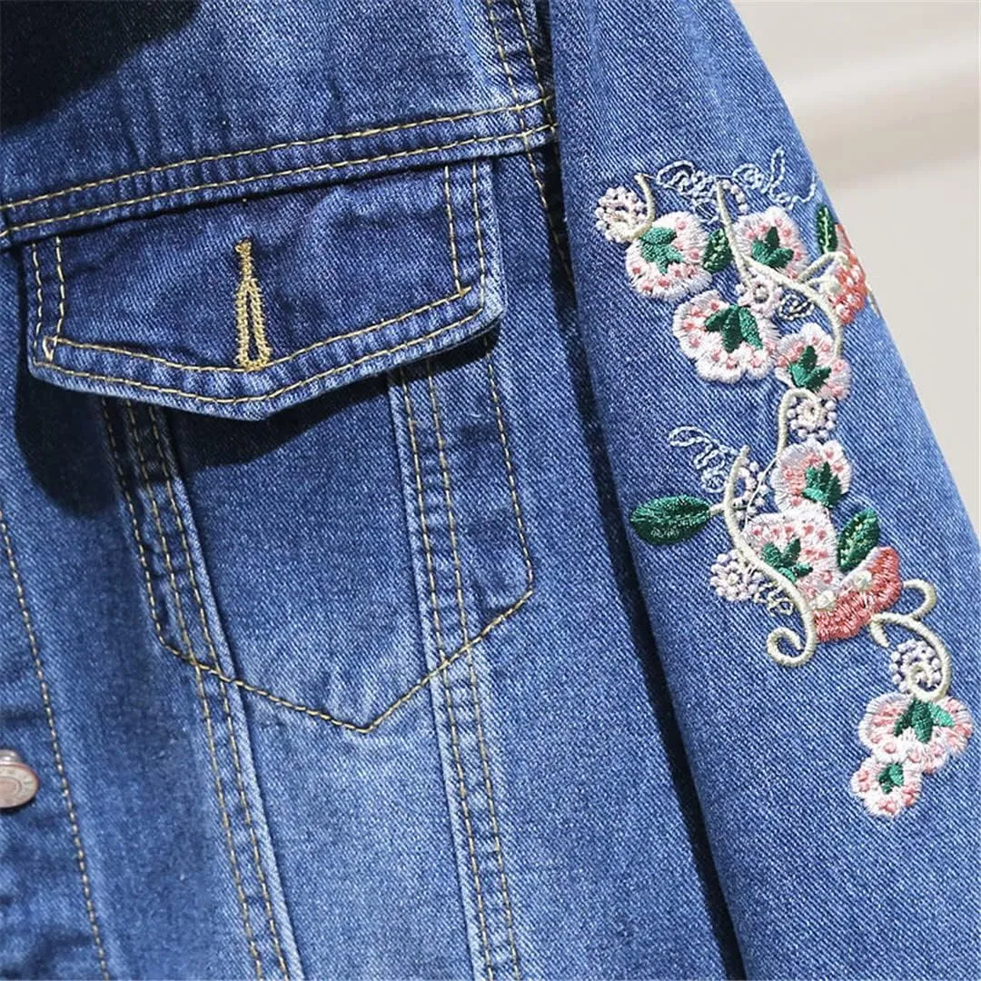Spring Denim Coat Women Single Breasted Short Cowboy Jacket Single Breasted Embroidered Floral Jeans Jacket