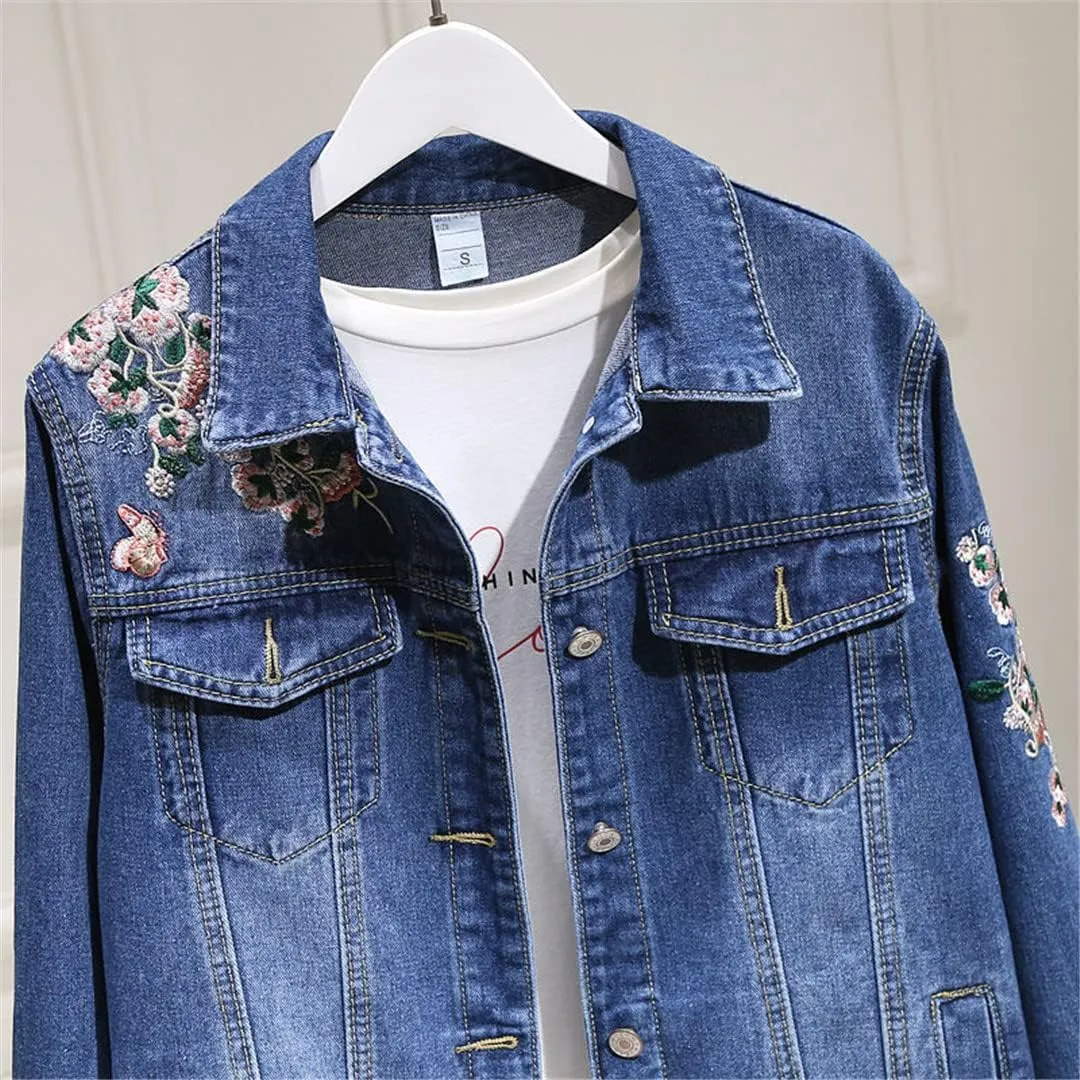 Spring Denim Coat Women Single Breasted Short Cowboy Jacket Single Breasted Embroidered Floral Jeans Jacket