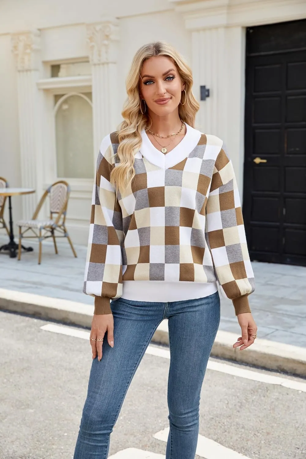Spring Sweaters for Women, Women's Long Sleeve V Neck Color Block Trendy Oversized Ribbed Knit Pullover Sweater Tops
