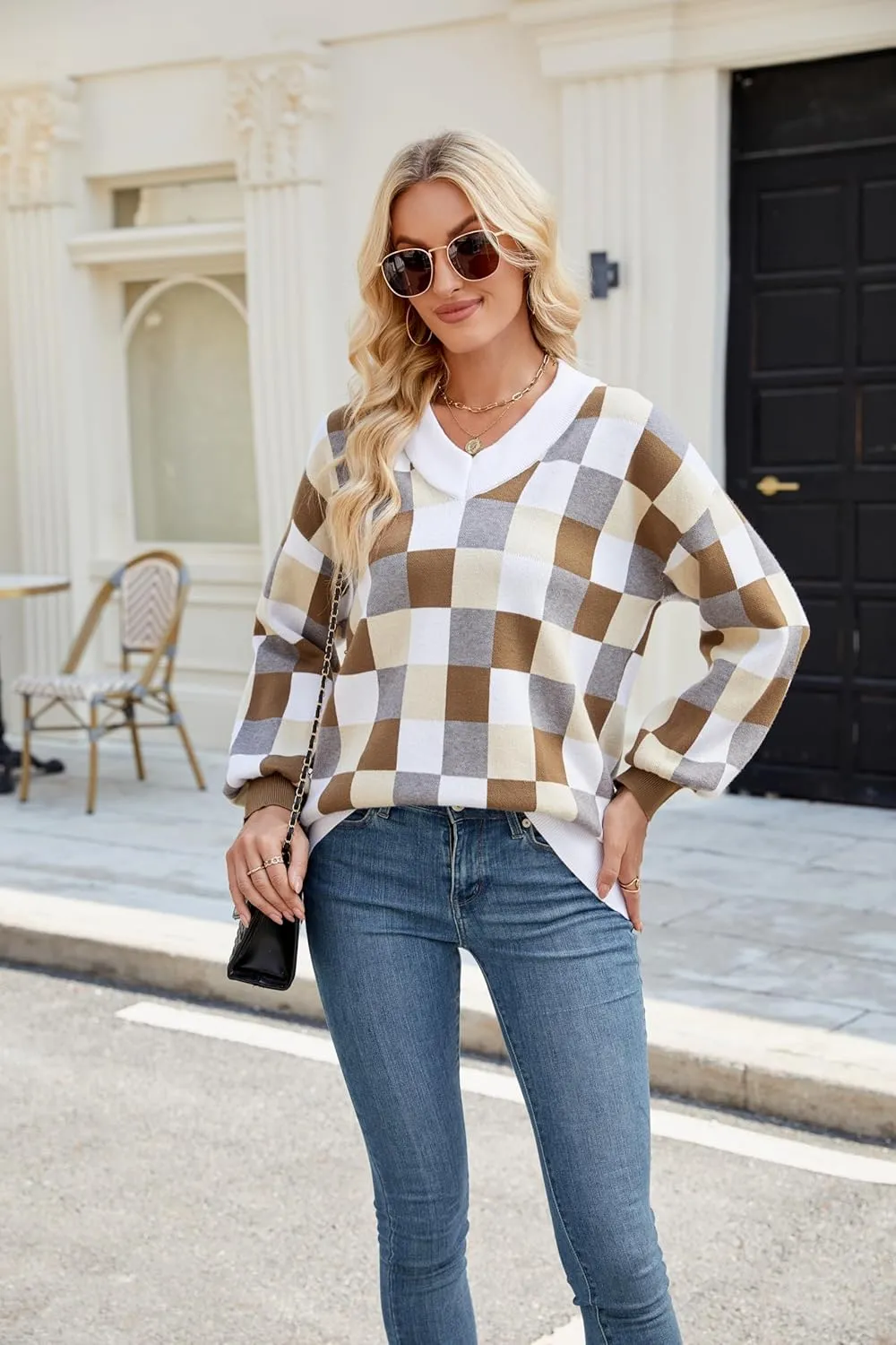 Spring Sweaters for Women, Women's Long Sleeve V Neck Color Block Trendy Oversized Ribbed Knit Pullover Sweater Tops