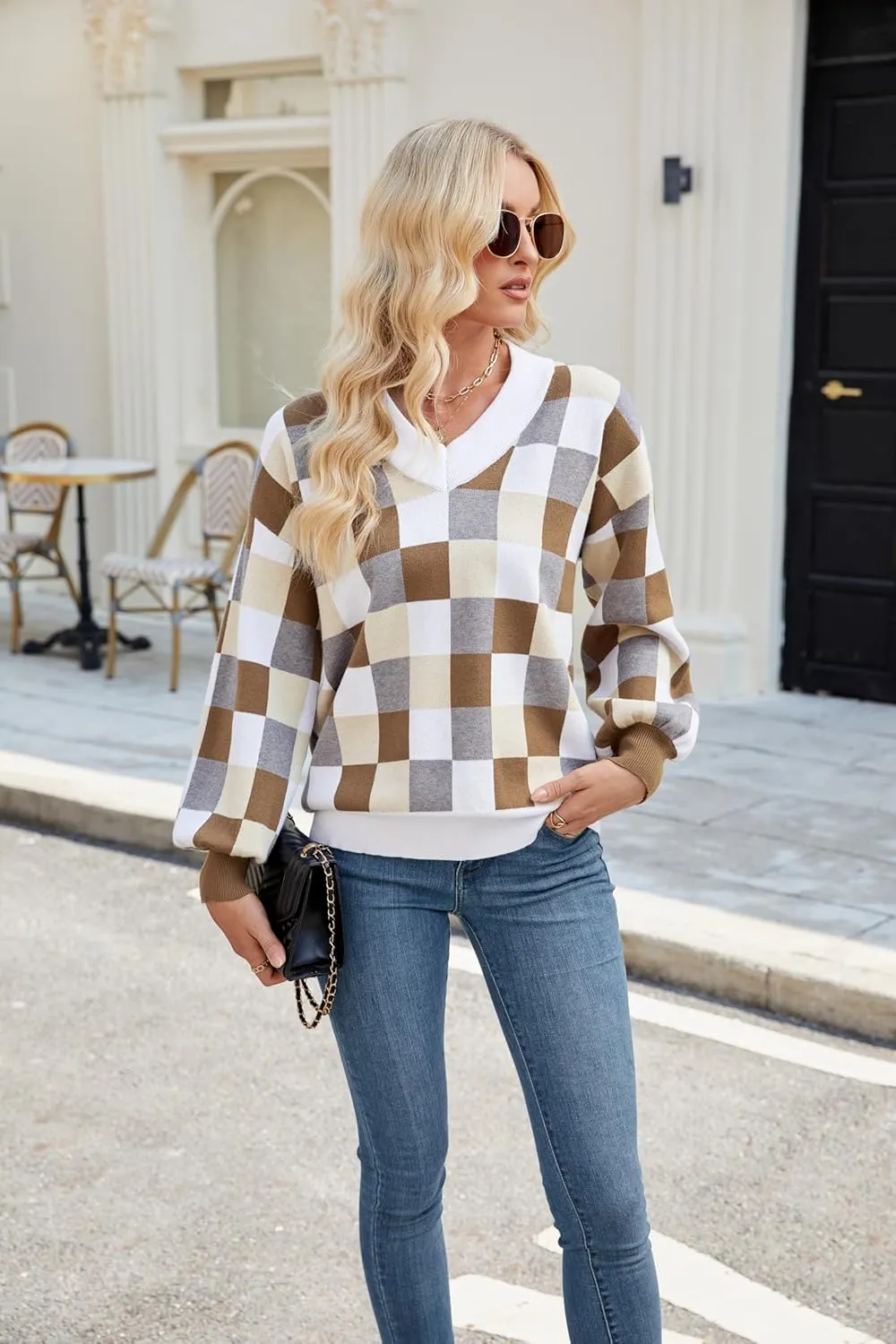 Spring Sweaters for Women, Women's Long Sleeve V Neck Color Block Trendy Oversized Ribbed Knit Pullover Sweater Tops