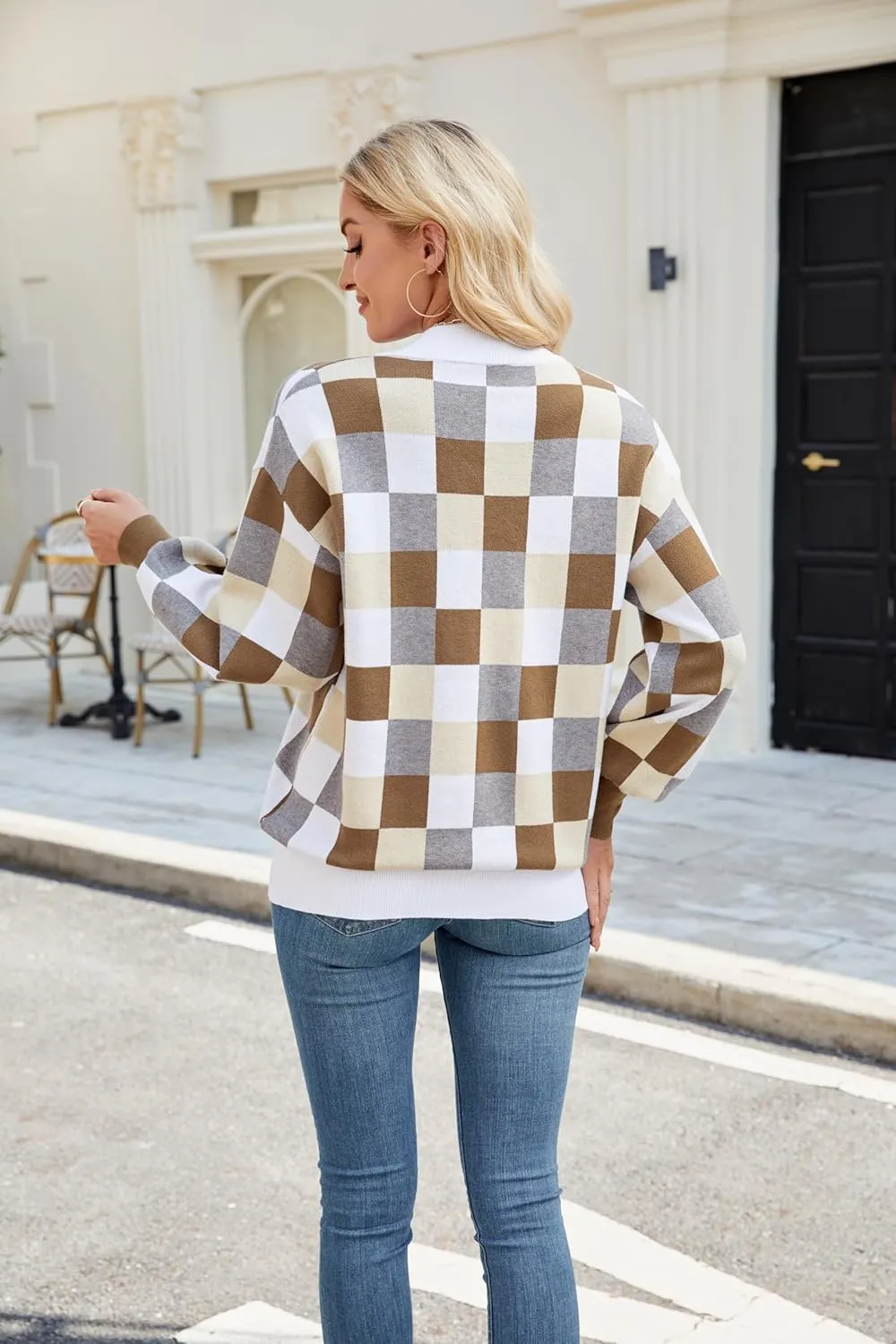 Spring Sweaters for Women, Women's Long Sleeve V Neck Color Block Trendy Oversized Ribbed Knit Pullover Sweater Tops