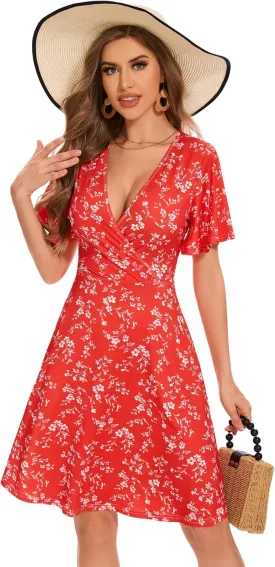 Summer Dresses for Women 2025 Vacation Casual V-Neck Wrap Sundress Knee Length Graduation Dress