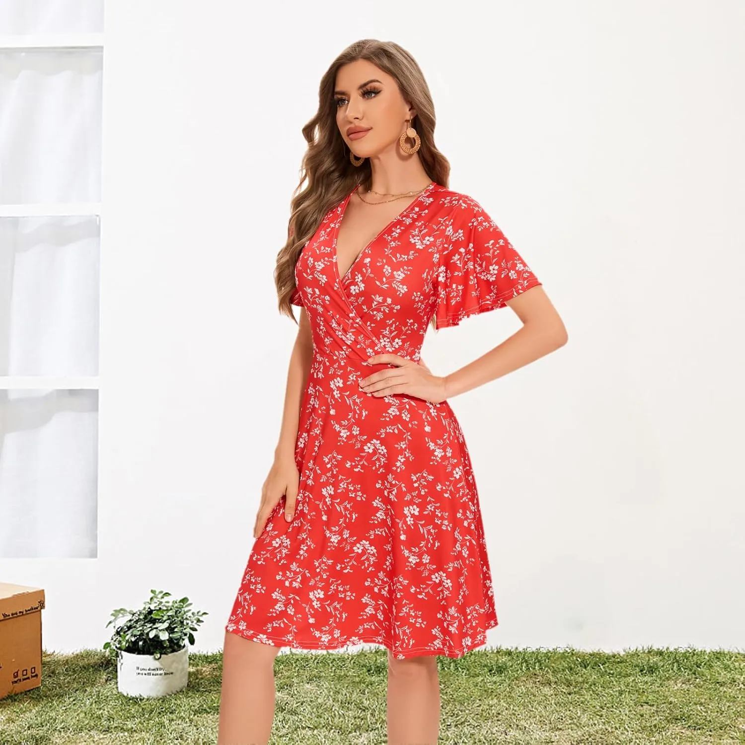 Summer Dresses for Women 2025 Vacation Casual V-Neck Wrap Sundress Knee Length Graduation Dress