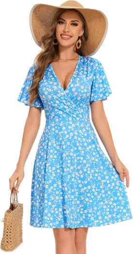 Summer Dresses for Women 2025 Vacation Casual V-Neck Wrap Sundress Knee Length Graduation Dress