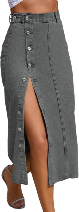 Trendy High Waisted Denim Skirt for Women Button Front Slit Midi Skirt for Ladies Fashion 2025 Summer