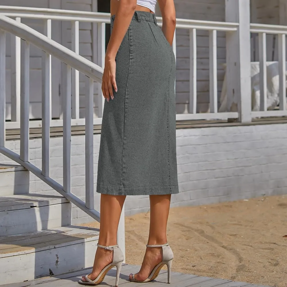 Trendy High Waisted Denim Skirt for Women Button Front Slit Midi Skirt for Ladies Fashion 2025 Summer