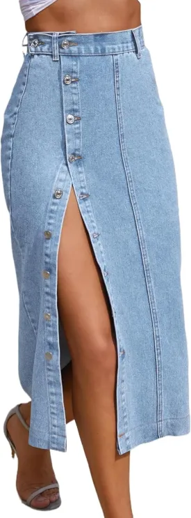 Trendy High Waisted Denim Skirt for Women Button Front Slit Midi Skirt for Ladies Fashion 2025 Summer