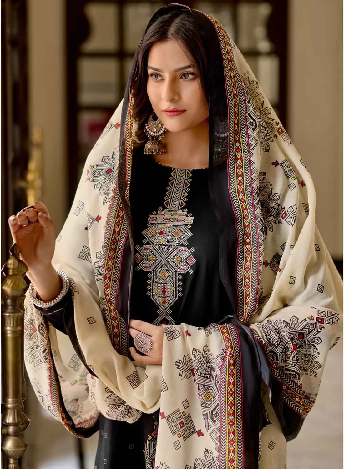Unstitched Cambric Cotton Suit Black Dress Material with Embroidery