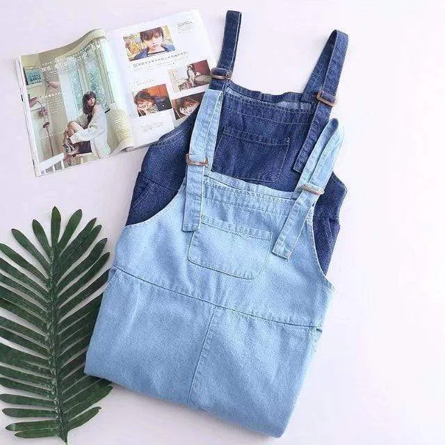 Women's Casual Pure Color Falbala Denim Overalls With A Big Pocket