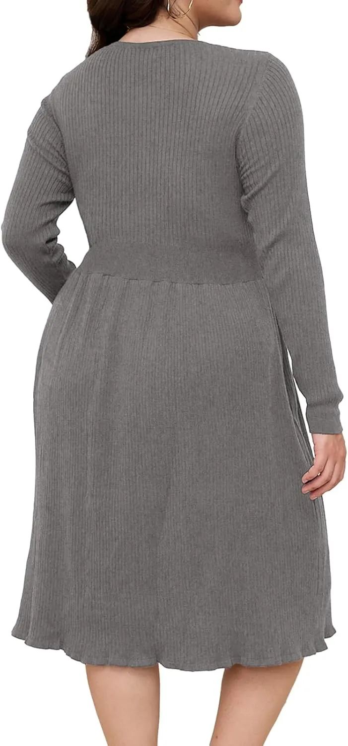 Womens Plus Size Sweater Dress Long Sleeve V Neck Wrap Tie Waist A-Line Casual Ribbed Knit Fall Winter Midi Dress