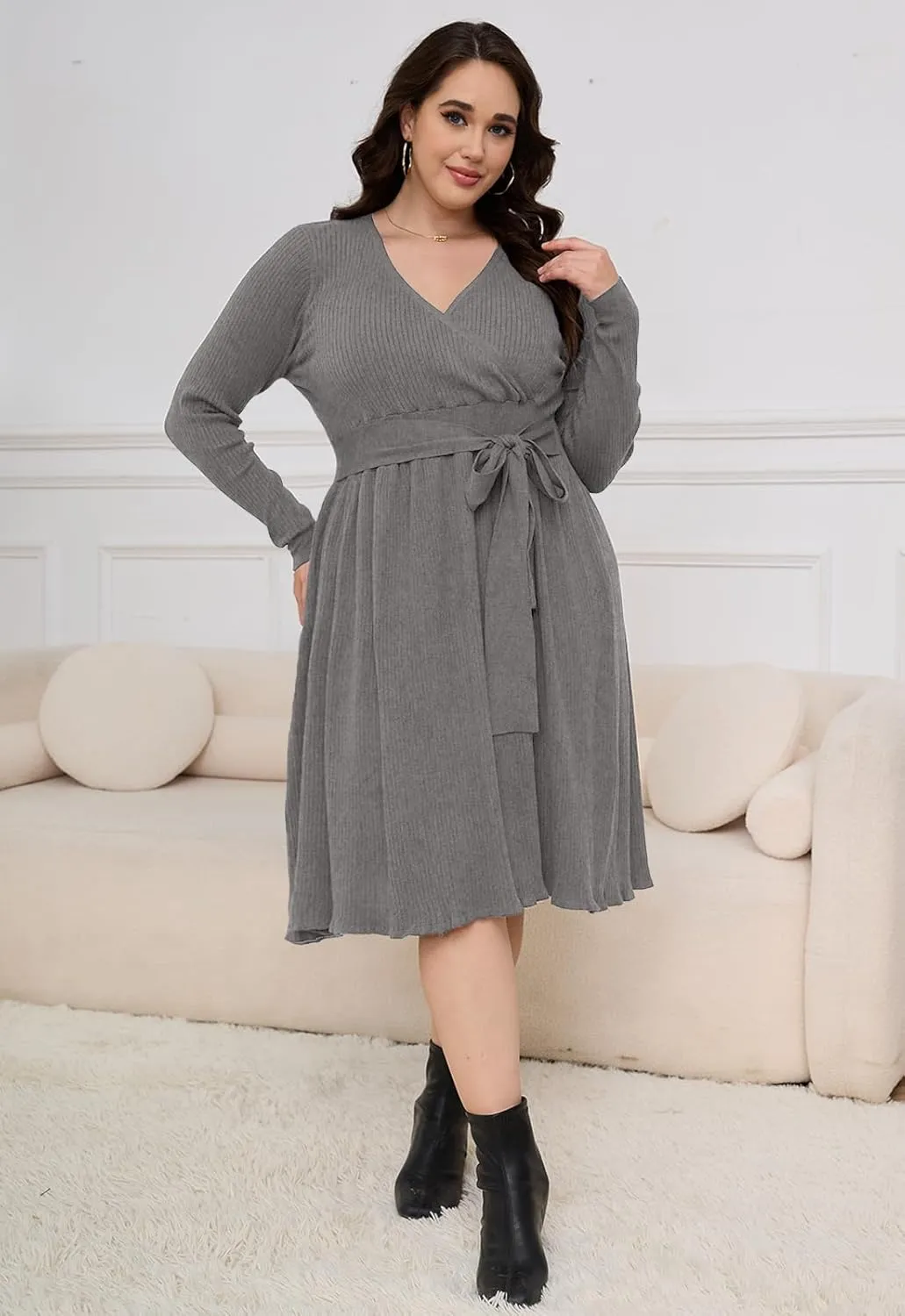 Womens Plus Size Sweater Dress Long Sleeve V Neck Wrap Tie Waist A-Line Casual Ribbed Knit Fall Winter Midi Dress