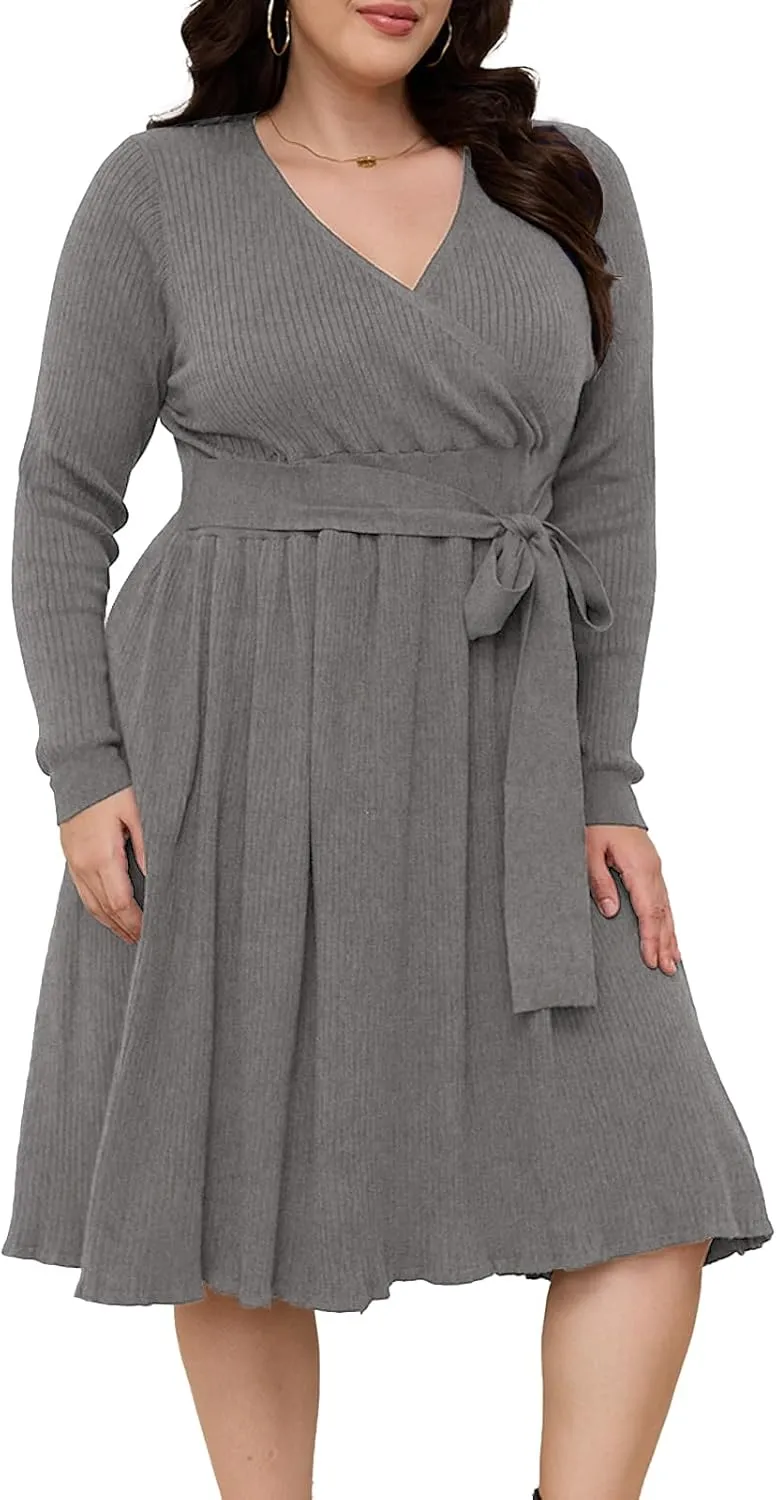 Womens Plus Size Sweater Dress Long Sleeve V Neck Wrap Tie Waist A-Line Casual Ribbed Knit Fall Winter Midi Dress
