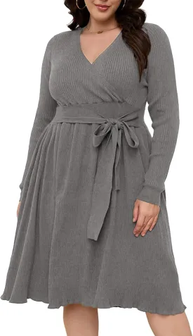 Womens Plus Size Sweater Dress Long Sleeve V Neck Wrap Tie Waist A-Line Casual Ribbed Knit Fall Winter Midi Dress