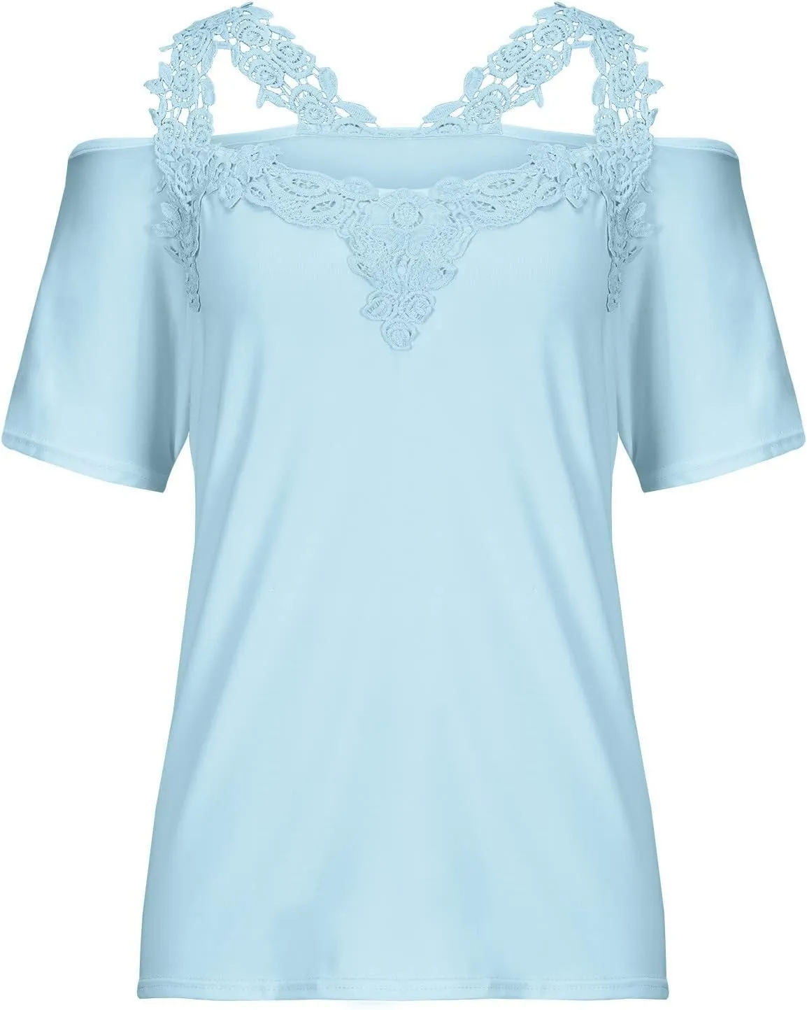 Womens Summer Cold Shoulder Tops Short Sleeve Lace Strappy Shirts Sexy V Neck Off Shoulder Blouse Concert Outfits