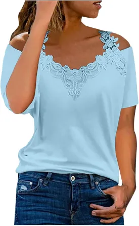 Womens Summer Cold Shoulder Tops Short Sleeve Lace Strappy Shirts Sexy V Neck Off Shoulder Blouse Concert Outfits