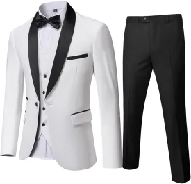 YND Men's 3 Piece Slim Fit Tuxedo Set, One Button Shawl Collar Solid Jacket Vest Pants with Bow Tie