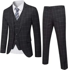 YND Men's Slim Fit 2 Button 3 Piece Suit Set, Solid Blazer Jacket Vest Pants & Tie