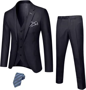 YND Men's Slim Fit 3 Piece Suit with Stretch Fabric, One Button Solid Blazer Vest Pants, Party Wedding Dress with Tie