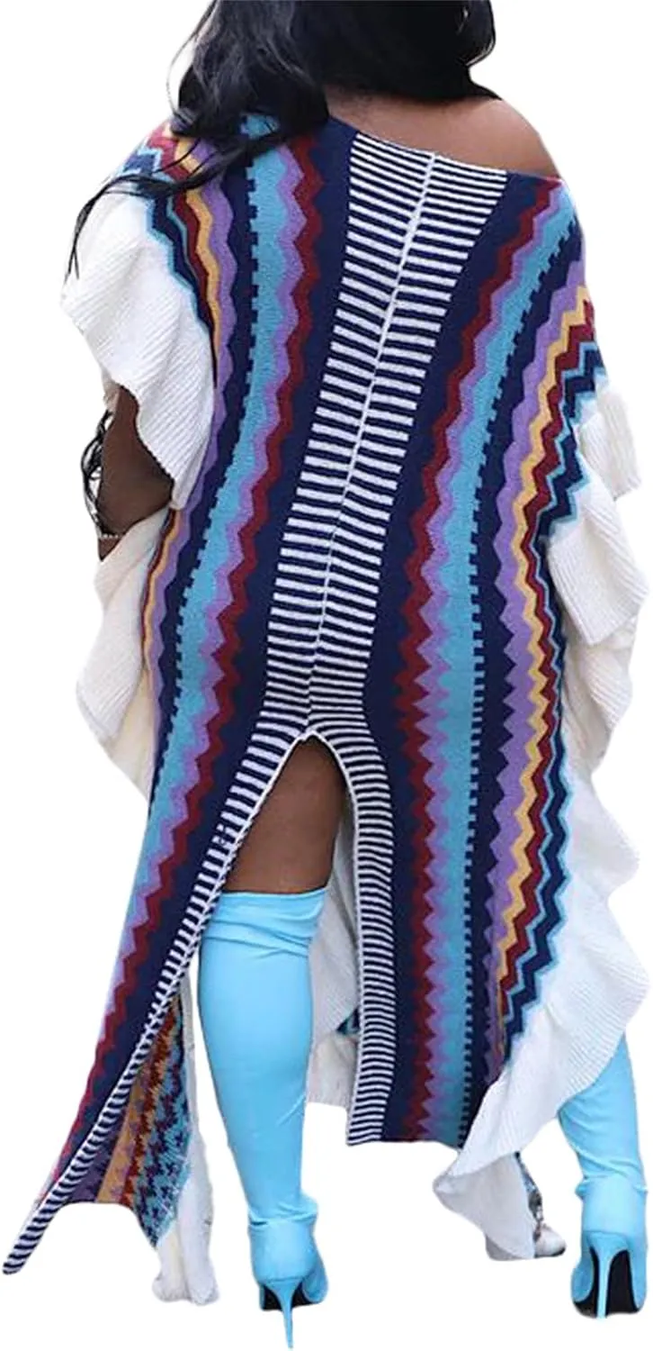 YOOTIKO Women Cable Knit Sweater Dress Sexy Slit Ruffle Striped Crochet Fall Casual Party Maxi Dress
