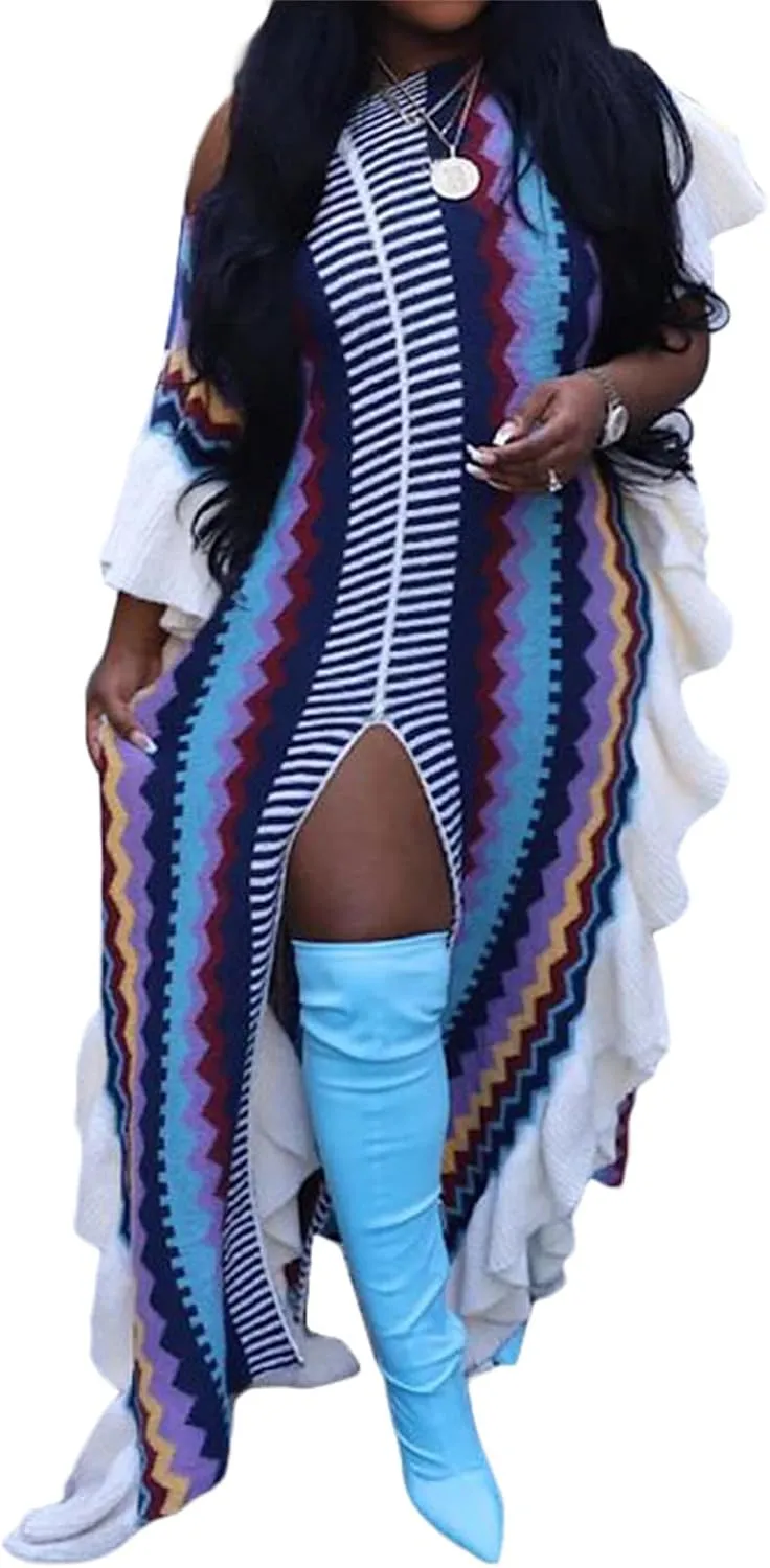 YOOTIKO Women Cable Knit Sweater Dress Sexy Slit Ruffle Striped Crochet Fall Casual Party Maxi Dress