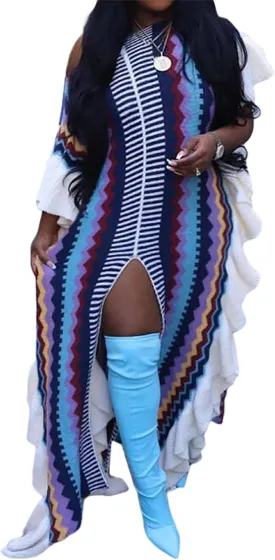 YOOTIKO Women Cable Knit Sweater Dress Sexy Slit Ruffle Striped Crochet Fall Casual Party Maxi Dress