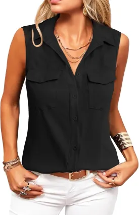 Zeagoo Sleeveless Button Down Shirt for Women Casual V Neck Blouses Solid Collared Tops Summer Dressy Shirts