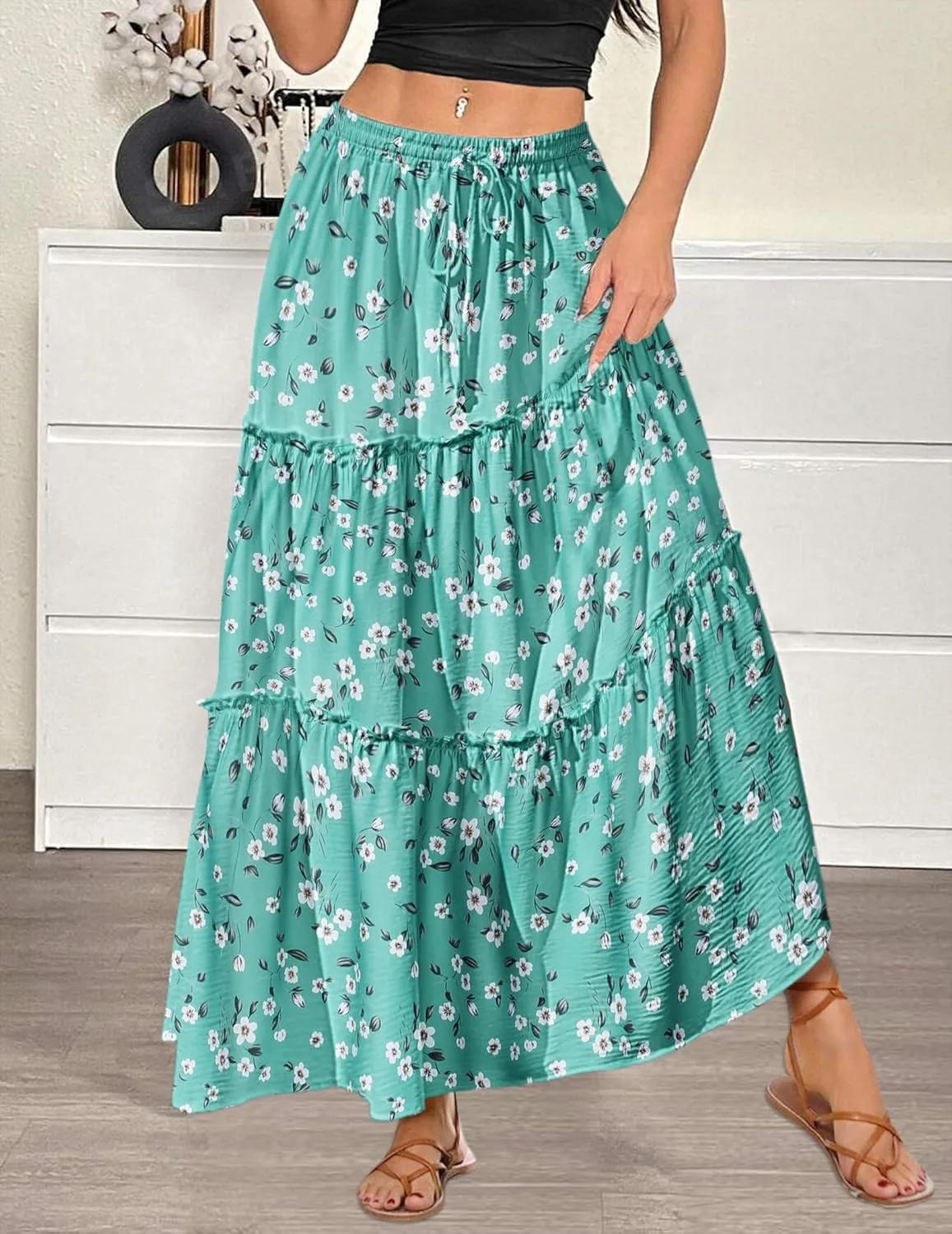 Zeagoo Womens Casual Maxi Skirts for Women 2025 High Waist Boho Skirts Floral Printed Long Flowy Skirt with Pockets