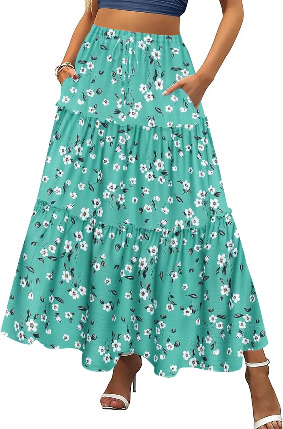 Zeagoo Womens Casual Maxi Skirts for Women 2025 High Waist Boho Skirts Floral Printed Long Flowy Skirt with Pockets