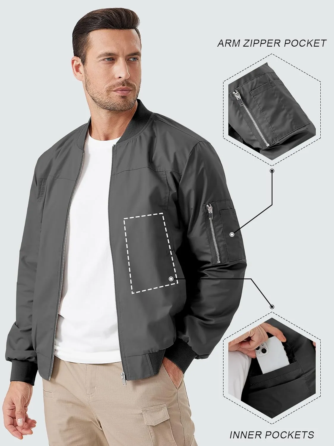 ZUTY Men's Bomber Jacket Lightweight Casual Spring Fall Windbreaker Coat with Zipper Pockets